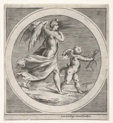 Winged Female Figure, Draped and Carrying a Staff, Striding Behind a Winged Putto