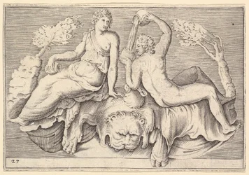Woman and Man Seated on Lionskin, Man Pouring Wine