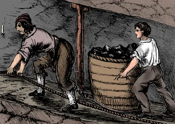 Woman and a boy working in a coal mine, Bolton, Lancashire