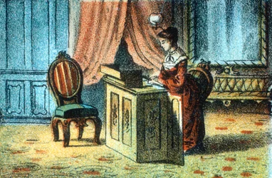 Woman using sewing machine patented by Elias Howe, c1878