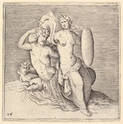 Woman with Shield Seated on Seamonster, published ca. 1599-1622