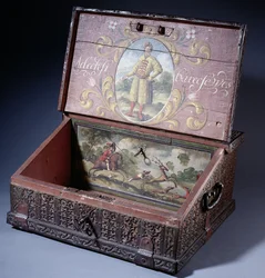 Wooden cash or writing box with portrait of Peter the Great