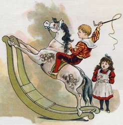 Young boy on a rocking horse with a whip. Engraving in 