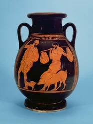 Attic red-figured pelike: pigs, swineherd and Odysseus, by the Pig Painter, 470-60 BC