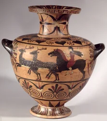 Hydria, hunting scene, Archaic Greek, black figured Etrusco-Ionian period, c.540-530 BC (pottery)