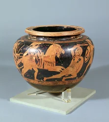 Mixing bowl (Dinos) decorated in black and white relief showing heroic battle scene, work of the Altamura painter, 450 BC