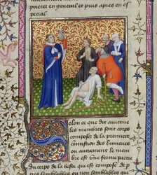 Ms.251 f.54v A Doctor with His Patients, from Des Proprietez des Choses, c.1415
