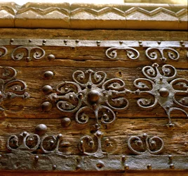 Norman iron scroll work on wooden door from the remains of the Gilbertine Monastery at Sempringham