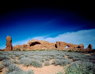 North window and Park Avenue, Arches National Park, Utah