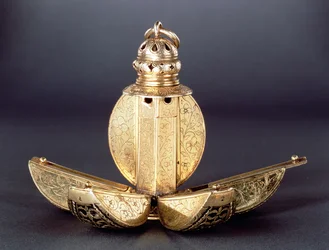 Pomander with four open compartments used to hold perfumes or other aromatic substances, silver-gilt, probably English c. 1580