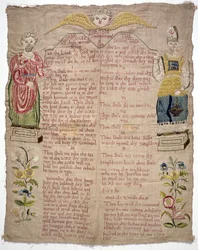 Sampler, Depicting the Ten Commandments, by Elizabeth Coventry, English, 1727