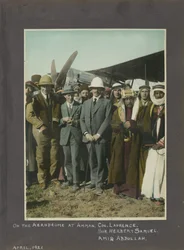 T.E. Lawrence, Sir Herbert Samuel and Amir Abdullah at Amman Aerodrome, Jordan, 1921