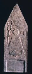 Votive stele depicting Tanit, goddess of Carthage, holding a caduceus with a dolphin and an inscription below, Phoenician