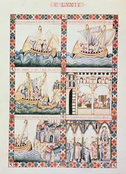 A Journey to Acre, illustrations to Cantiga 172, one of 420 musical compositions narrating the miracles of the Virgin, written in Galician for Alfonso X 