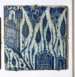 A3 Tile with Stylised Design of Houses and Flowers, Egyptian, Mamluk
