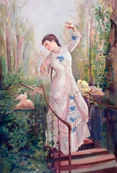 A 19th century woman in a garden with turtledoves, after the painting La Tórtola Madre, by Ramon Marti y Alsina, from 