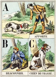 A B C: Fetch, Poacher, Hunting Dog - The Hunting Alphabet, c.1890