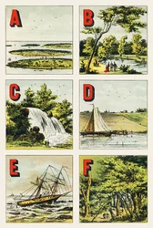 A B C D E F: Archipelago, Bois de Boulogne, Cascade, Dyke, Reef, Forest of Fontainebleau - Engraving from Geographical Alphabet. Guerin-Muller et Cie, publishers, Paris