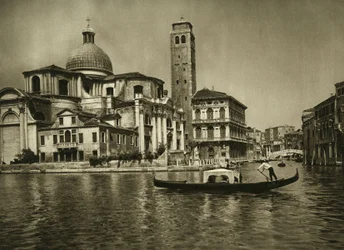 A gondola in the Grand Canal opposite the Church of Saint Jeremiah in the neighborhood of Cannaregio, Venice