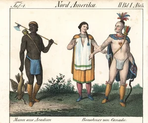 Acadian man with tattooed body and a couple of native Canadian Indians. Lithography for the book: “Galerie complete en tableaux fideles des peuples d