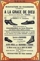 Advertising for the Manufacture de chaussures "A la grace de dieu" in Tours. Engraving in "ABC Les Images en Alphabet". Epinal imaging. Pellerin and Cie, printer-publisher, Epinal, late 19th century