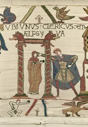 Aelfgyva with a priest, Bayeux Tapestry (wool embroidery on linen)