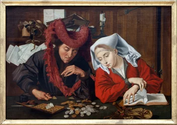 An echevin and his wife, a moralising allegorical scene of everyday life or under a candle, the appeal of gold coins on the balance, discovers the attention of spiritual occupations, Oil painting on canvas, workshop by Marinus Claeszoon van Reymerswaele