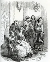An evening at the Chateau de Vaux-le-Vicomte at the times of king Louis XV (1710-1774). 19th century (engraving from "Mysteres des vieux chateaux de France" by Le Francois)