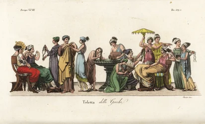 Ancient Greek women at their toilet: washing hair in a font, trying on clothes, arranging hair, admiring a necklace, etc