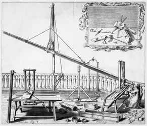 Astronomer using a wooden telescope