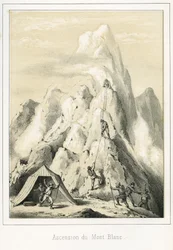 Avalanche on Mont Blanc which resulted in the death of three guides. Engraving “Sky, Earth, and Sea” by R. Delasalle, circa 1860
