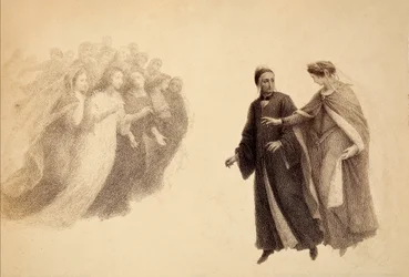 Beatrice, in the firmament of Paradise, indicates a group of souls to Dante. Illustration of the Canto III of Paradiso of The Divine Comedy of Dante Alighieri. Work of Francesco Scaramuzza dedicated to the Municipality of Florence.