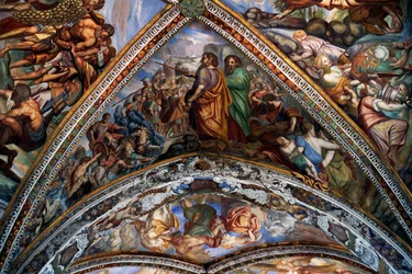 Biblical scenes, frescoes from the vault of St Bartholomew Cathedral, Lipari, Aeolian Islands, Sicily, Italy