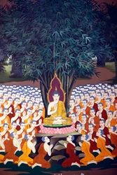 Buddha teaching to disciples, Wall fresco, Wat Botum temple, Phnom Penh, 2022