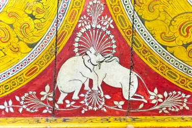 Buddhist painting on wood; optical illusion; elephant and cow with just one head; Dowa Temple; rock temple; Bandarawela; Badulla Province; Uva Province; Sri Lanka; Asia