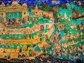 Chittra Shala courtyard with virtuoso fine paintings, Taragarh Fort, Bundi, Bundi, Rajasthan, India, Asia