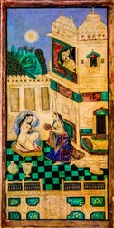 Chittra Shala courtyard with virtuoso fine paintings, Taragarh Fort, Bundi, Rajasthan, India, Asia