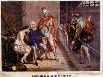 Christopher Columbus (Colombo) in chains in 1500 on his return to Spain - Italian engraving of 1861