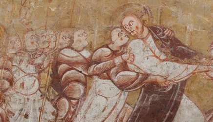 Church (Église Saint-Martin). Interior. Wall paintings. North wall of the choir. (detail) Arrest of Christ. 12th century.