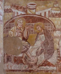 Church (Église Saint-Martin). Interior. Wall paintings. North wall of the choir. (detail) foot washing. 12th century.