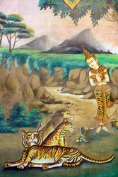 Compassion to Animals. Painting Depicting the Life Story of Shakyamuni Buddha. Wat Naxai, Vientiane, Laos, 2015