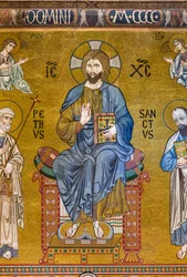 Counter-facade: mosaic Majesty of Christ enthroned between Saints Peter and Paul, XII century, The Palatine Chapel, The Royal Palace or Palazzo dei Normanni, Palermo, Sicily, Italy