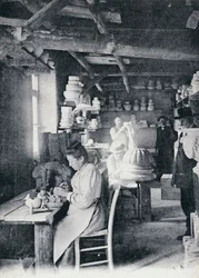 Craftsmen at work making Vallauris art pottery, circa 1900, postcard, France