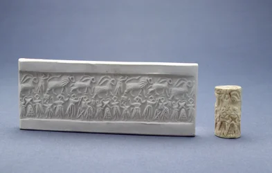 Cylinder seal with plaster impression, Mesopotamian, Sumerian (Early Dynastic III), c.2500 BC