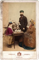 Daily Life, a Family Reunited Around a Table of Cakes and Coffee, Venice - 19th Century