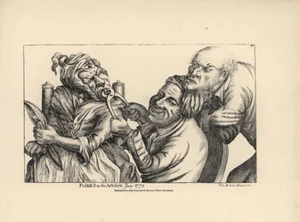 Dentist laughing as he uses pincers to pull a bad tooth from the mouth of an old woman. Copperplate engraving after a satirical illustration by Timothy Bobbin (John Collier) from Human Passions Delineated, John Haywood, Manchester