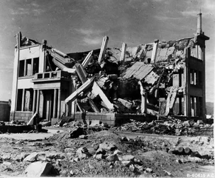 Destroyed Chugoku Coal Distribution Company Building in Hiroshima, Japan, 8th November 1945