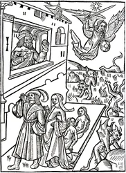 Devils are pursued by the Archangel Saint Michael, while humans continue their activities