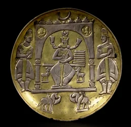 Dish depicting an enthroned king flanked by two small ibex seated in a pavilion supported by two winged horses with two attendants, on a ring base, Sasanian (3rd-7th centuries AD)