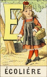 E: Schoolgirl - Engraving from ABCD des Petites Filles. Pellerin & Cie, printer-publisher, Epinal, circa 1890. Series A